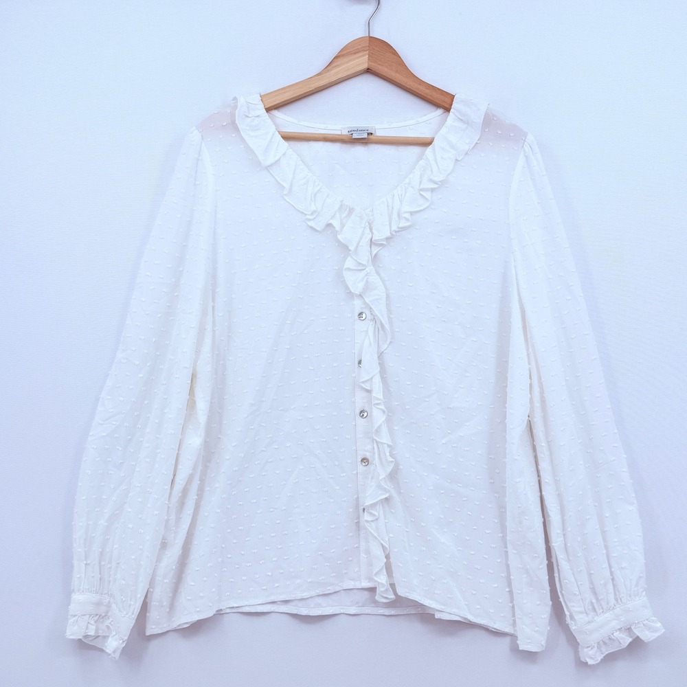 Sundance Swiss Dot Blouse Womens XL White Ruffle V-Neck Cottagecore Romantic